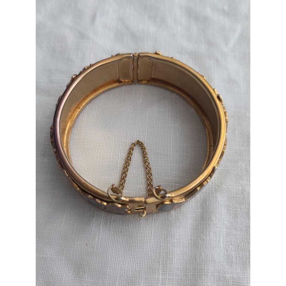 Gold Tone Hinged Bangle Bracelet With Cloisonné Butterflies & Safety Chain - Picture 2 of 12